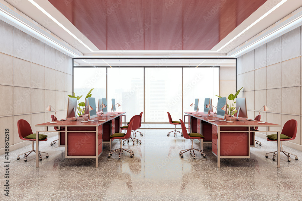 Poster modern empty office interior with red desks and chairs in contemporary corporate workspace with city