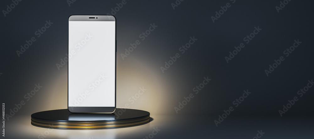 Aufkleber Smartphone mockup with blank screen on round pedestal in dark background illuminated by soft spotlight for branding design presentation concept. 3D Rendering