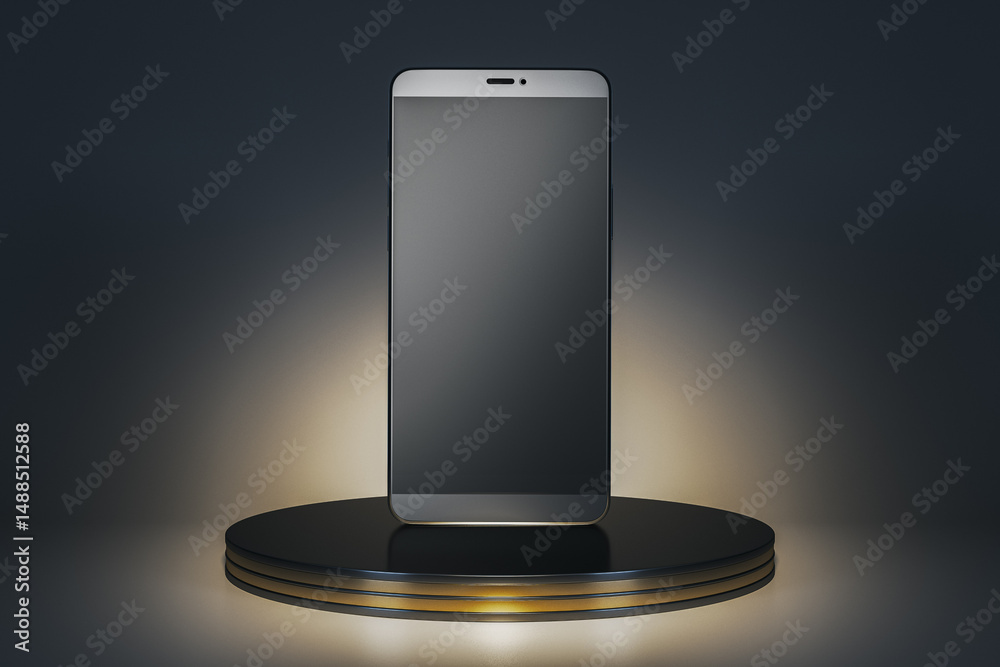 Poster Smartphone mockup template on pedestal with glowing background for branding and product design presentation in modern clean style. 3D Rendering
