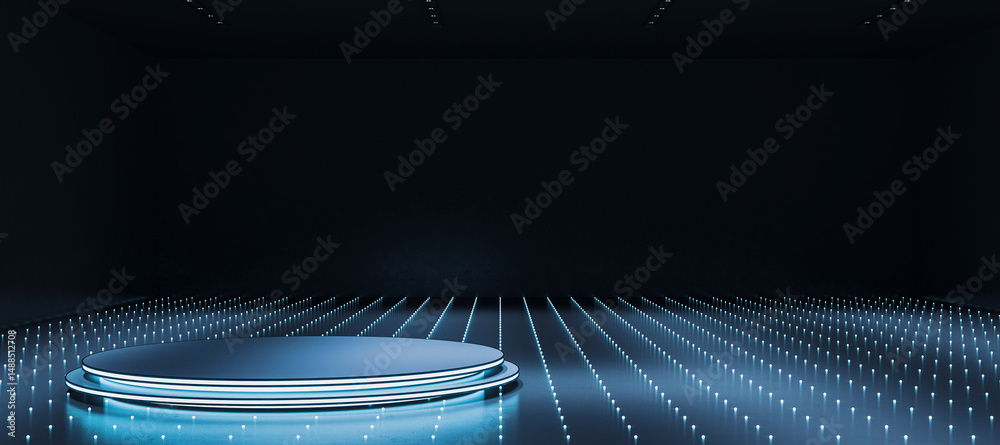 Poster futuristic glowing stage platform with abstract lighting grid in dark room for product placement or 