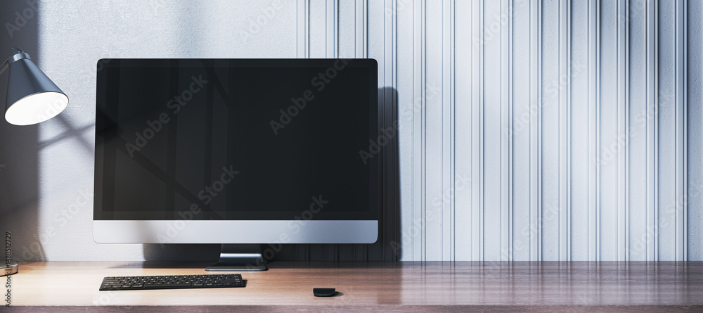 Aufkleber Modern desktop computer with keyboard and mouse on wooden desk under lamp light, next to striped wall background in office workspace concept. 3D Rendering