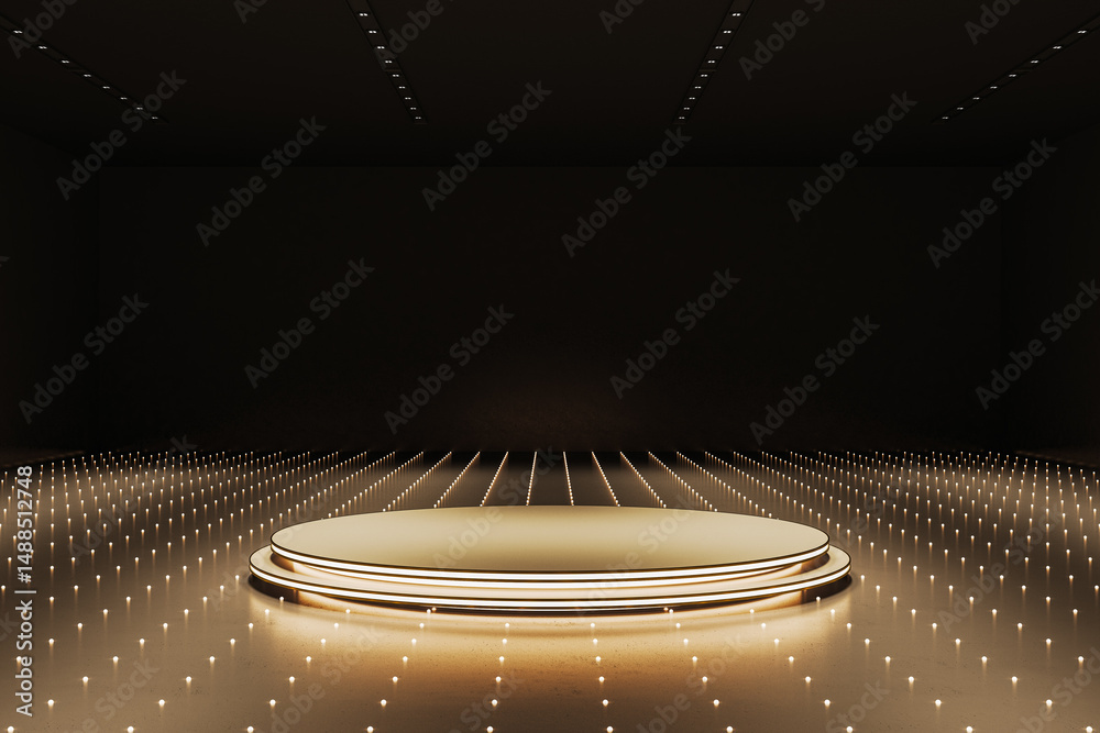 Poster futuristic golden podium mockup with glowing lights in dark room, ideal for branding, product displa