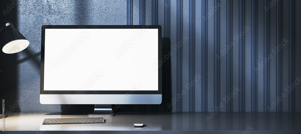 Aufkleber Blank computer screen mockup on modern desk with keyboard and lamp against dark striped wall background for design and branding concepts. 3D Rendering