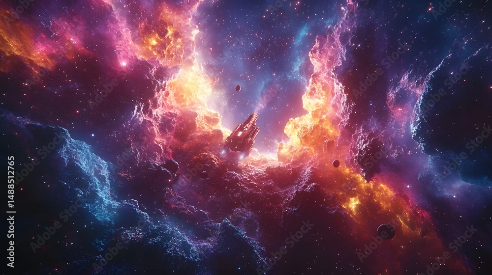 Poster a spaceship soars through a vibrant nebula, illuminated with cosmic dust and radiant colors. the stu