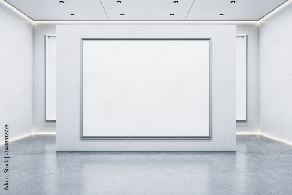 Leinwandbilder Modern empty gallery mockup with large blank frame on white wall and minimal lighting, perfect for branding or design presentation concepts. 3D Rendering