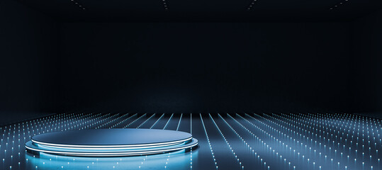 Futuristic glowing stage platform with abstract lighting grid in dark room for product placement or branding presentation mockup template. 3D Rendering