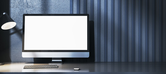 Fototapeta na wymiar Blank computer screen mockup on modern desk with keyboard and lamp against dark striped wall background for design and branding concepts. 3D Rendering