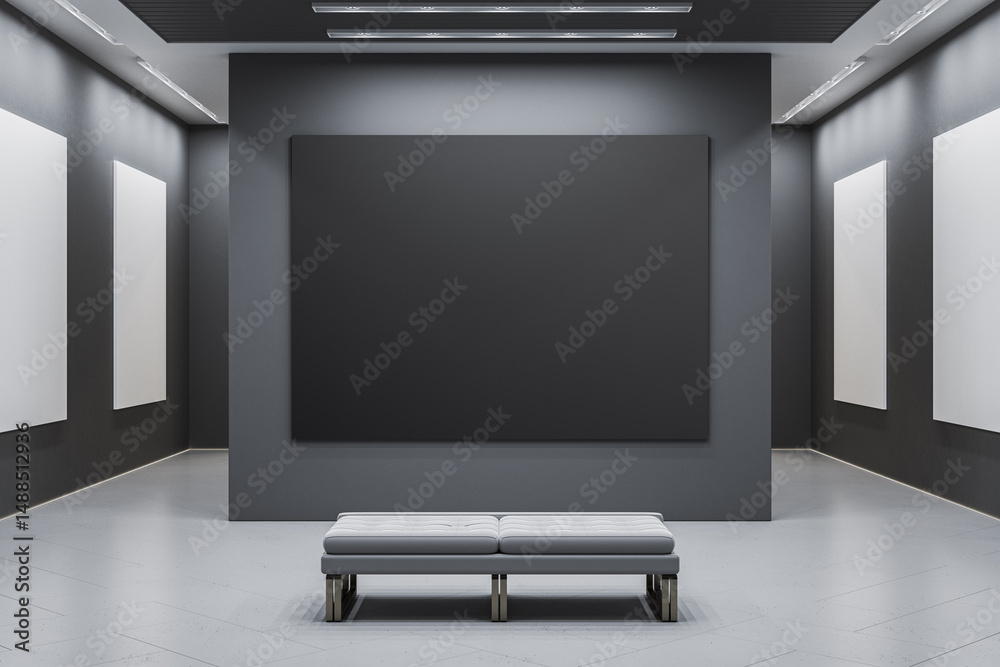 Leinwandbilder Blank black canvas mockup in modern gallery with white bench under spotlight for branding or design template presentation concept. 3D Rendering