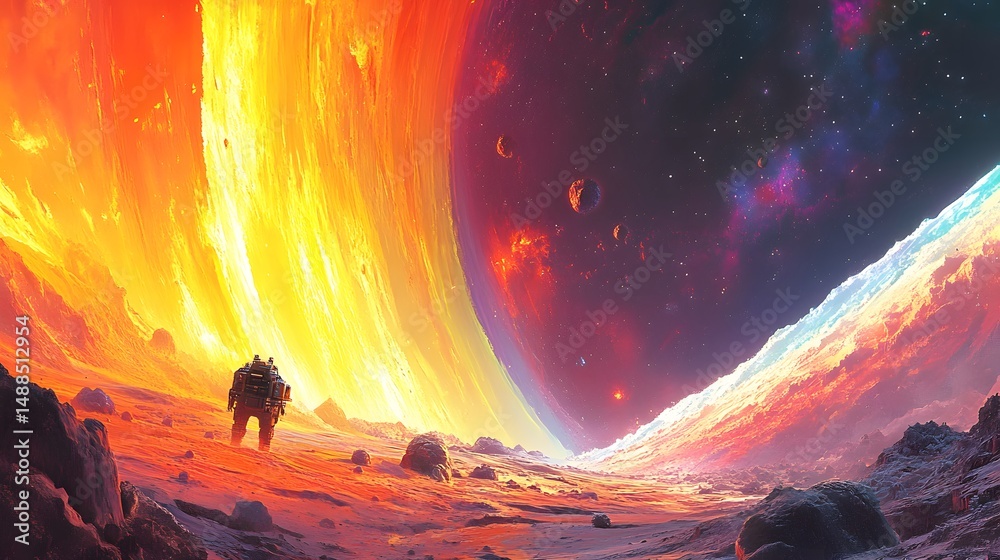Aufkleber explore alien worlds! blocky robot explores a rocky landscape beneath fiery ringed planets and color