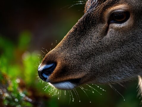Close-up of a deer grazing in a lush green forest during early morning hours