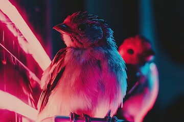 birds with reflective feathers glowing under neon lights