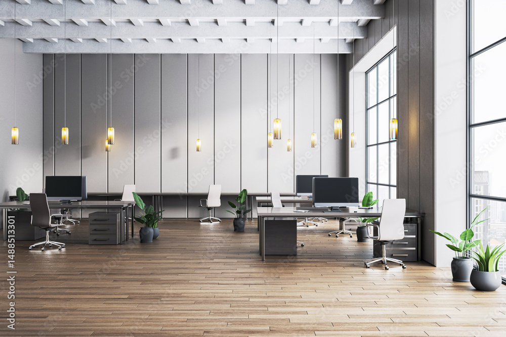 Poster modern open office interior with wooden floor, large windows, stylish lighting, and clean minimalist