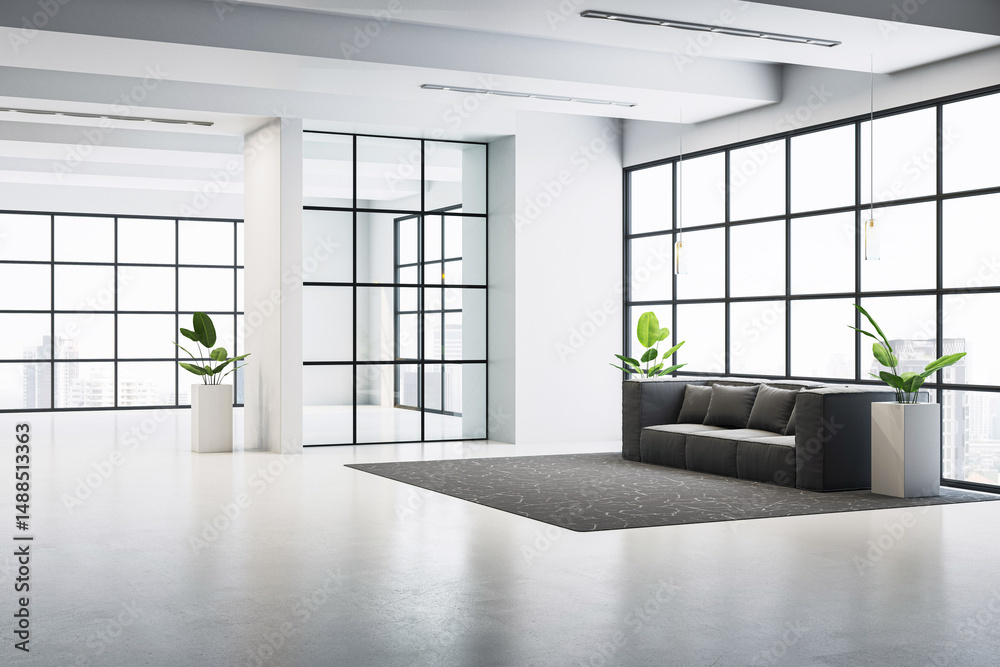 Poster Modern empty office waiting area with black sofa and panoramic windows in contemporary corporate interior concept space with clean design.. 3D Rendering