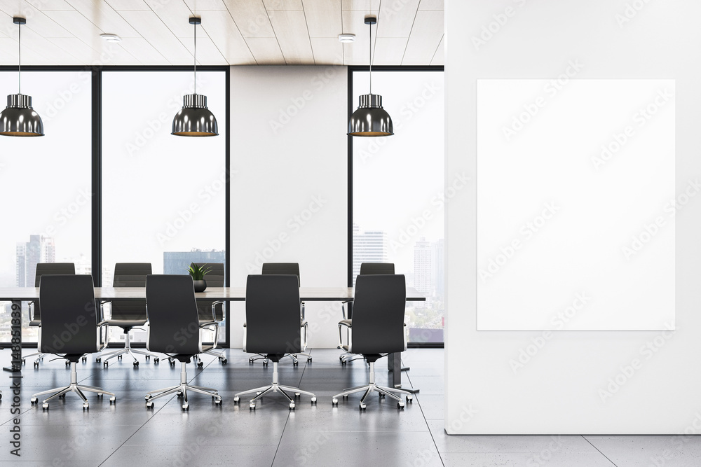 Poster modern corporate meeting room with city view and vertical blank poster frame on clean white wall for