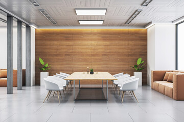 Modern empty conference room with wooden wall, large table, white chairs, and minimalist office interior design in corporate building setting. 3D Rendering