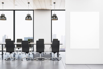 Modern corporate meeting room with city view and vertical blank poster frame on clean white wall for business presentation mockup display. 3D Rendering