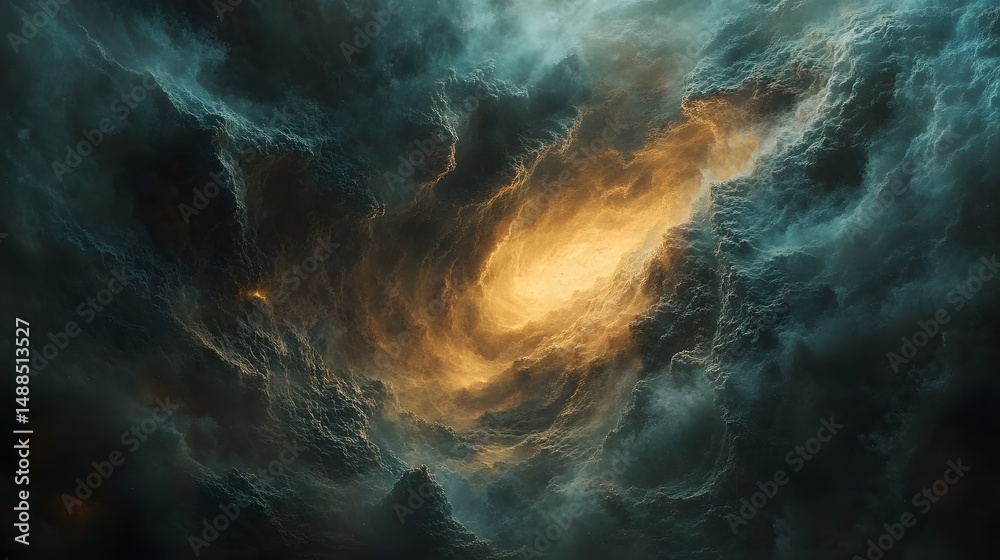 Poster abstract nebula swirls with teal and gray depths. a vibrant golden-yellow center emanates light. dyn