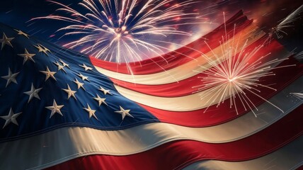 United States close-up flag with fireworks exploding behind it, american flag and fireworks, fourth of july fireworks