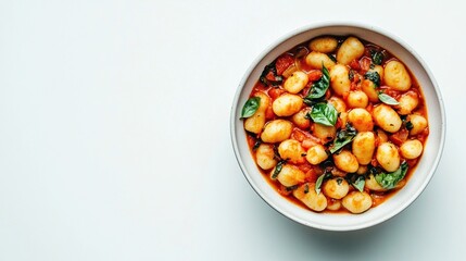 A white bowl filled with gnocchi in a tomato sauce with fresh basil leaves, all atop a plain white background