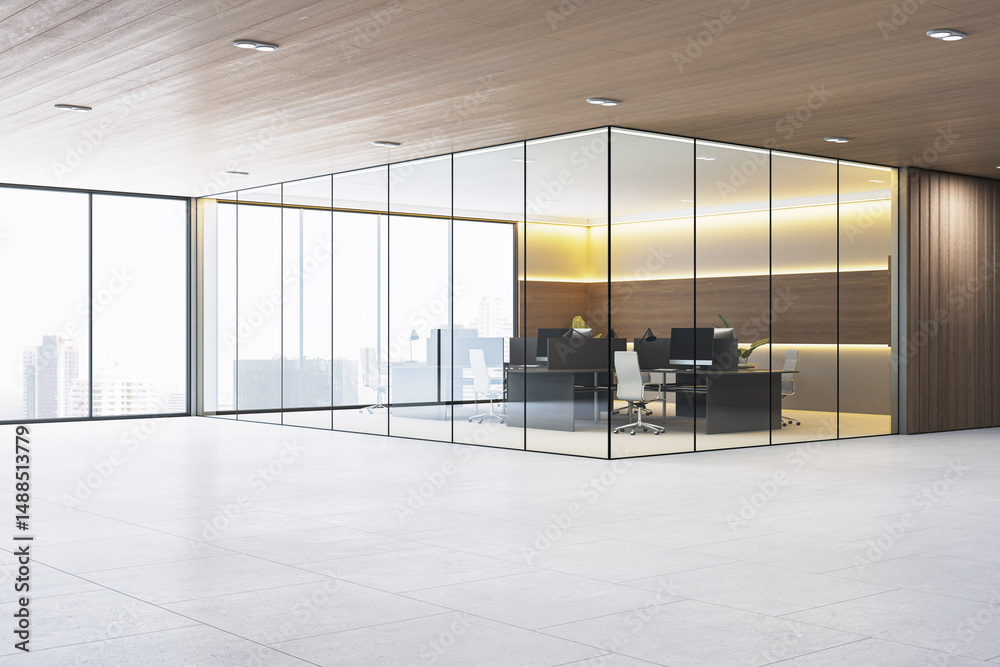 Poster modern glass-walled office interior with luxury design and minimalistic empty space in contemporary 