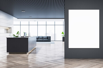 Modern empty office reception interior with black desk, large window city view, and blank vertical wall poster for corporate branding display. 3D Rendering