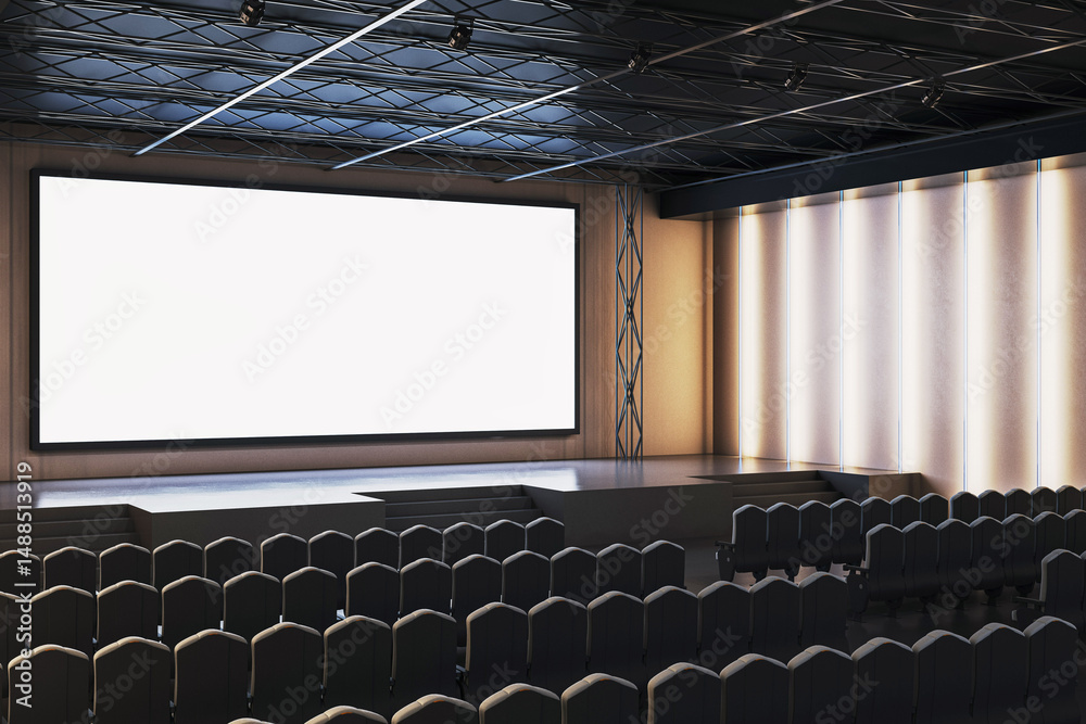 Poster modern conference hall with empty seats, large blank screen, and illuminated wall panels for busines