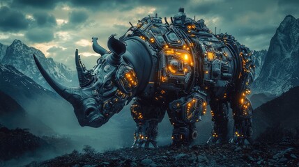 A futuristic rhino, armored and glowing, stands amidst a mountainous landscape.