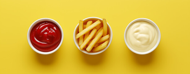 Ketchup, Mayonnaise, and Fries in Bowls on Yellow Background