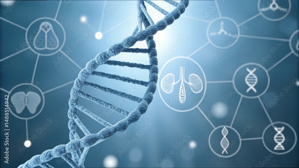 Poster styled dna helix with branching connections to human organs