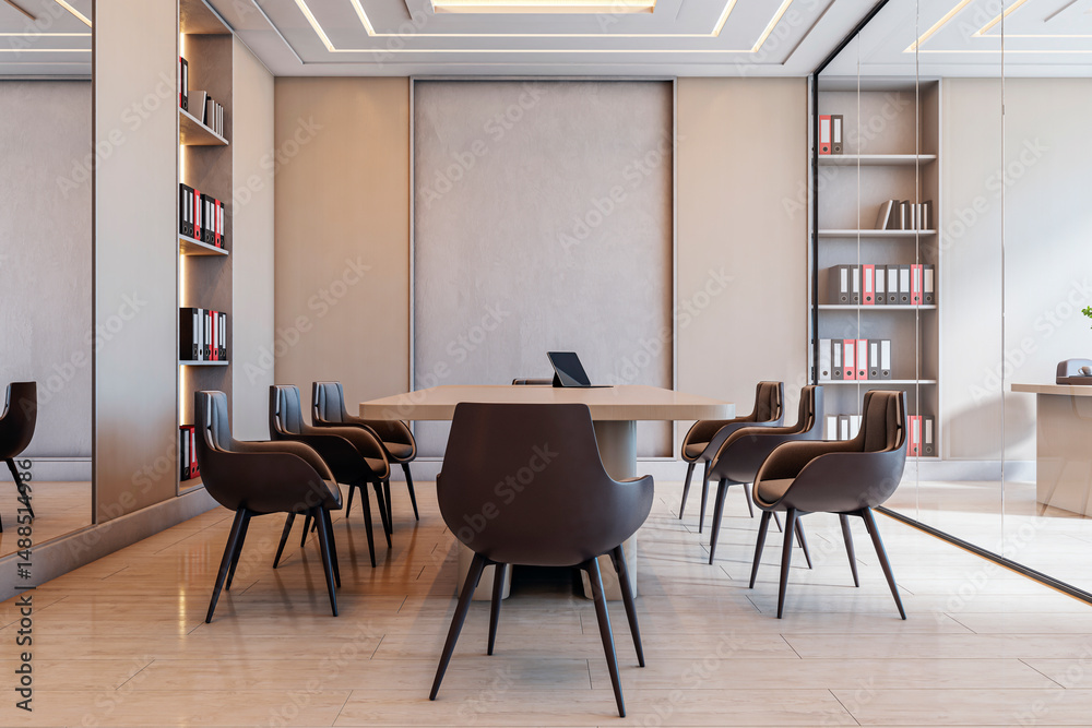Poster modern corporate meeting room with luxury minimalist design and empty chairs around a central table 