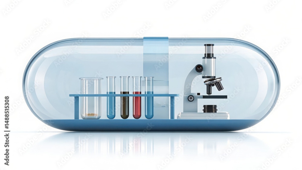 Poster laboratory capsule with microscopy tools and test tubes for science