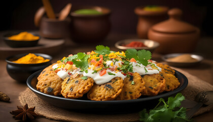 Aloo tikki chaat topped with yogurt, chutneys, and coriander