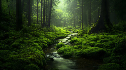 Fototapeta premium Serene Forest Scene with Mossy Stream and Soft Natural Light