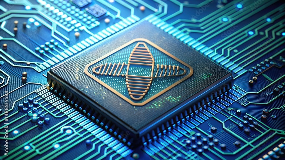 Poster detailed close-up of ai chip on circuit board with engraved icons