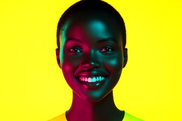 Commercial ad conceptual art. Short hairdo - highlighted hair. Stunning smiling black girl - for ads, brochure and social platforms use. Creative african american glamour. Black woman glamour.