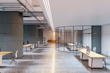 Obraz premium Modern open-plan office interior with glass meeting room, sleek desks, and minimalistic design in luxury corporate workspace setting. 3D Rendering