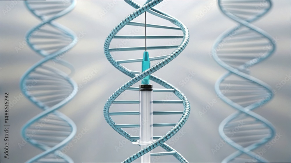 Poster syringe within winding dna sequence for medical visual representation