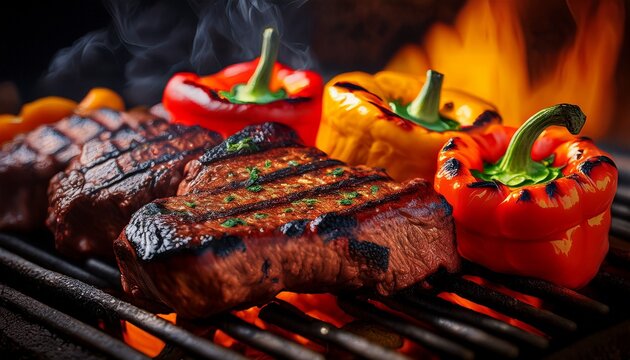 Gegrilltes Fleisch und Paprika mit Grillstreifen