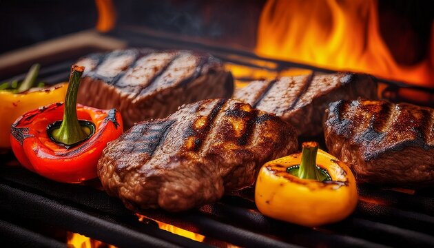 Gegrilltes Fleisch und Paprika mit Grillstreifen