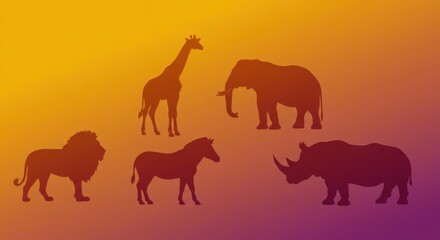 Silhouette of African animals against a gradient background, safari concept.
