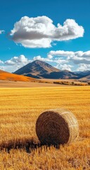 Hay Bale with Autumn Field, and Mountain View.