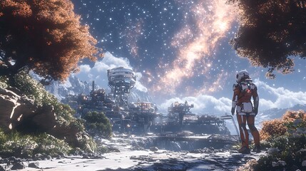 A lone astronaut gazes upon a futuristic settlement nestled on an alien world. Towering structures meet bronze flora beneath a star-filled sky, evoking wonder. Astronomy and Galaxy backgrounds.