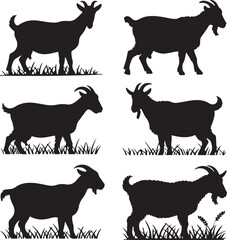 Six Goat Silhouettes in Grass Farm Animals Graphic