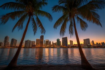 Miami Cityscape with Palm Trees at Dusk, Florida Skyline Reflecting over Water