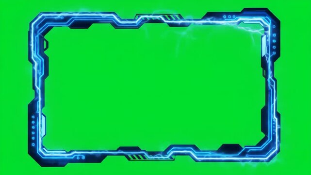 Hi-Tech Glowing Blue Webcam Overlay: Electric Sci-Fi Frame for Streaming - Green Screen 4K