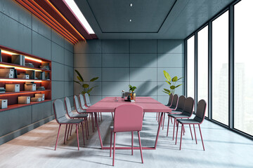 Modern conference room interior with pink furniture, large windows, and stylish shelving in a high-rise office with natural daylight background. 3D Rendering