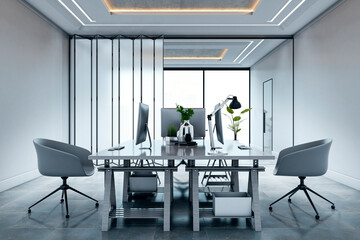 Modern corporate office interior with minimalistic furniture, large desk setup, and bright lighting in a professional workspace environment. 3D Rendering