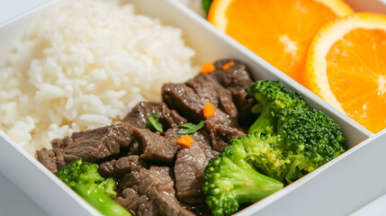 Mini Bento Box with Beef, Broccoli, Rice, and Orange Segments for a Healthy Meal Option