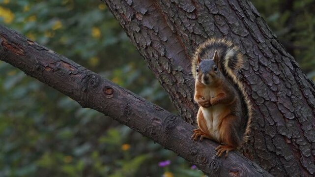 Sun-Drenched Forest in Motion and a squirrel jumps on the lawn and on the tree