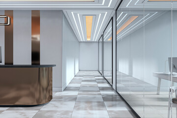 Modern office corridor with glass walls, marble floor tiles, and ambient ceiling lighting in futuristic corporate interior concept background. 3D Rendering